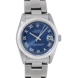 Rolex Ladies Midsize 31MM Factory Blue Roman 18K Gold Fluted Bezel Datejust