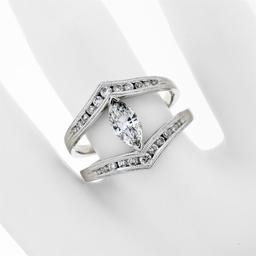 14K White Gold 1.01 ctw Marquise & Round Cut Diamond Milgrain Wide Open Split Ri