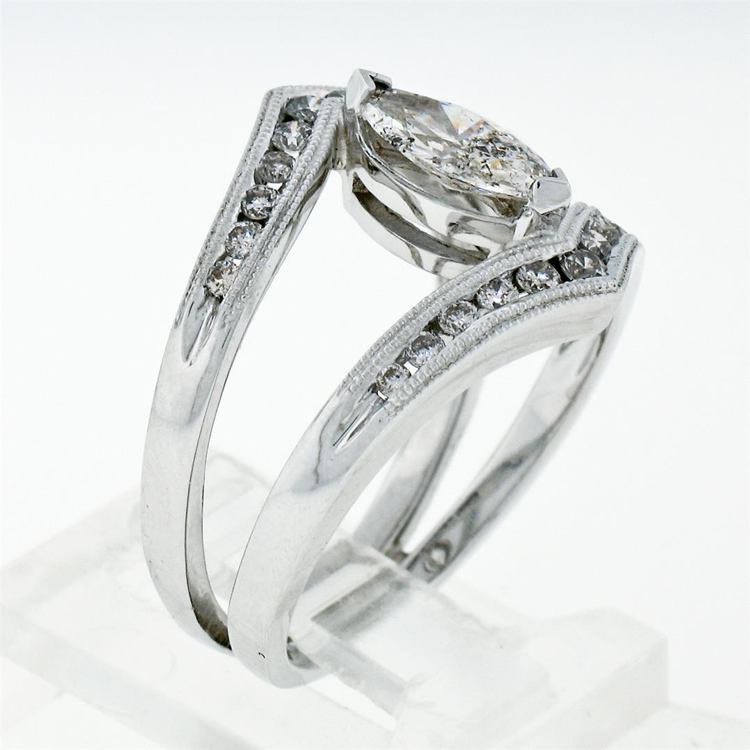 14K White Gold 1.01 ctw Marquise & Round Cut Diamond Milgrain Wide Open Split Ri