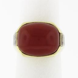 Vintage 18K Yellow Gold FINE GIA Cabochon Orangy Red Coral Baguette Diamond Ring