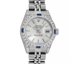 Rolex Ladies Quickset Stainless Steel Silver Index 18K White Gold Diamond & Sapp