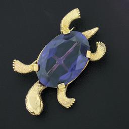 Vintage 14k Yellow Gold Oval Purple Stone Detailed Turtle or Tortoise Pin Brooch