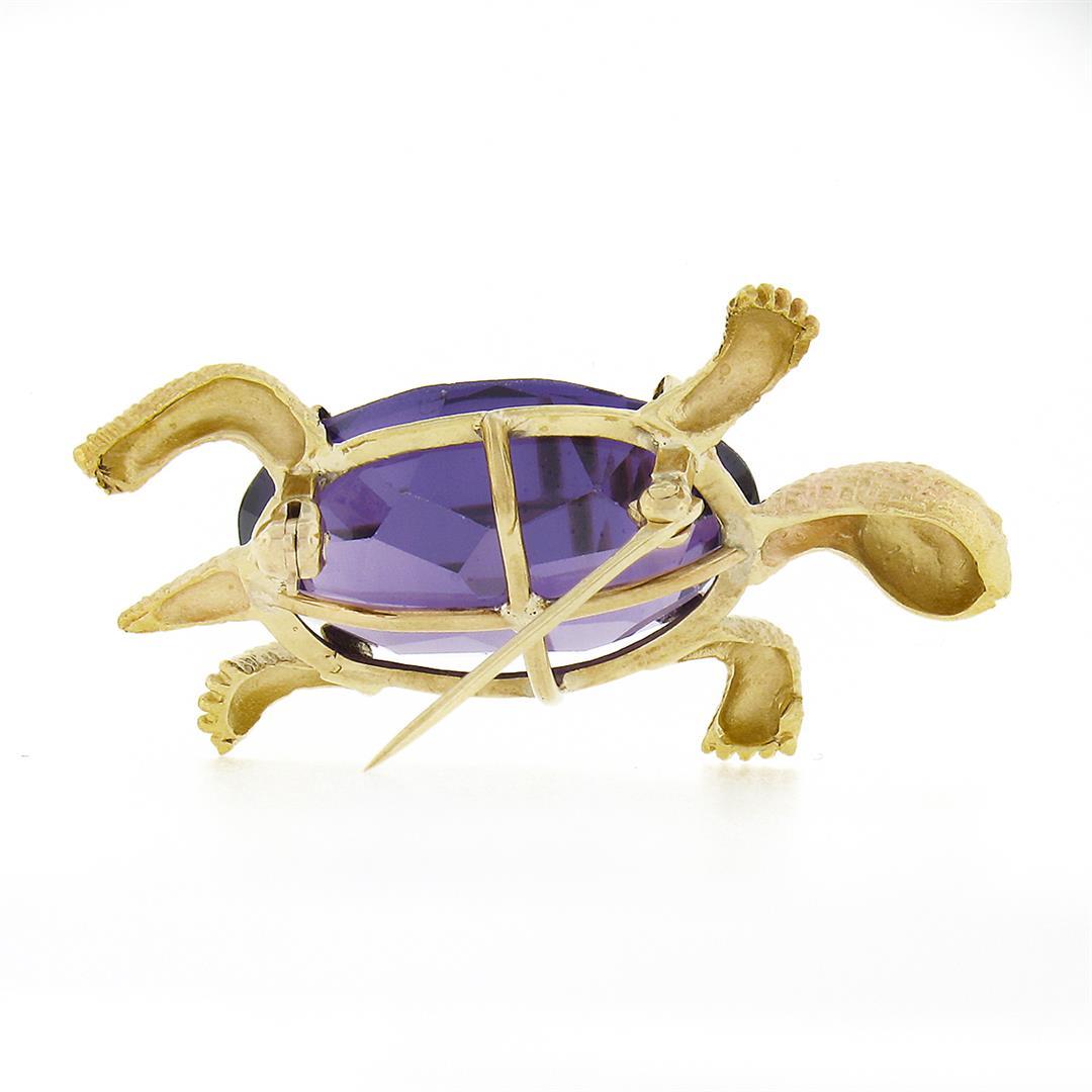 Vintage 14k Yellow Gold Oval Purple Stone Detailed Turtle or Tortoise Pin Brooch