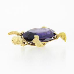 Vintage 14k Yellow Gold Oval Purple Stone Detailed Turtle or Tortoise Pin Brooch