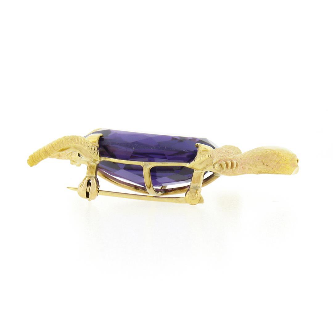 Vintage 14k Yellow Gold Oval Purple Stone Detailed Turtle or Tortoise Pin Brooch