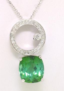 NEW 18k Gold 3.85 ctw Fiery Blue Green Tourmaline & Diamond Dangle Pendant & Cha