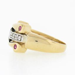 14K TT Gold.92 ctw Oval Sapphire Solitaire Diamond Ruby Sideways Scroll Band Rin