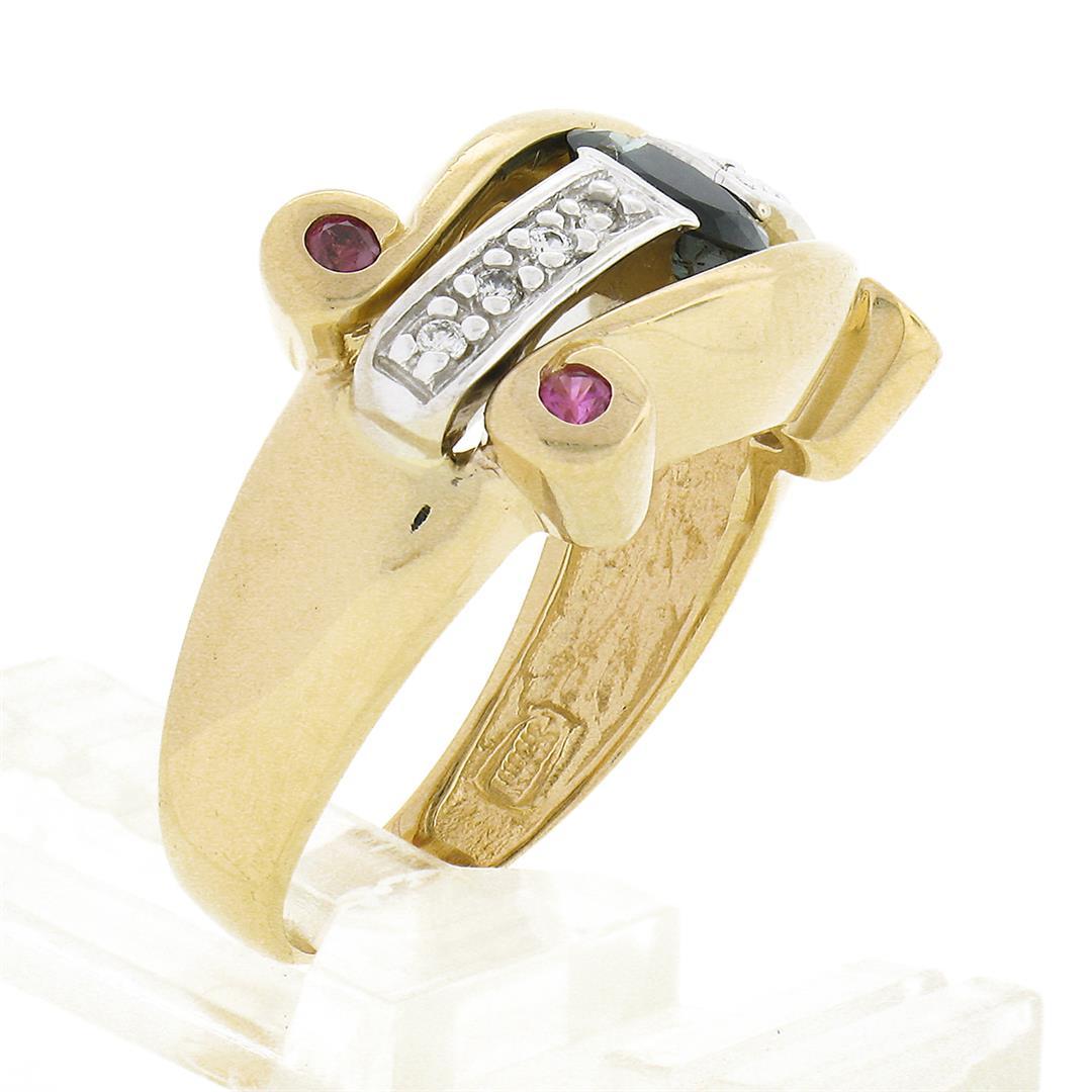 14K TT Gold.92 ctw Oval Sapphire Solitaire Diamond Ruby Sideways Scroll Band Rin