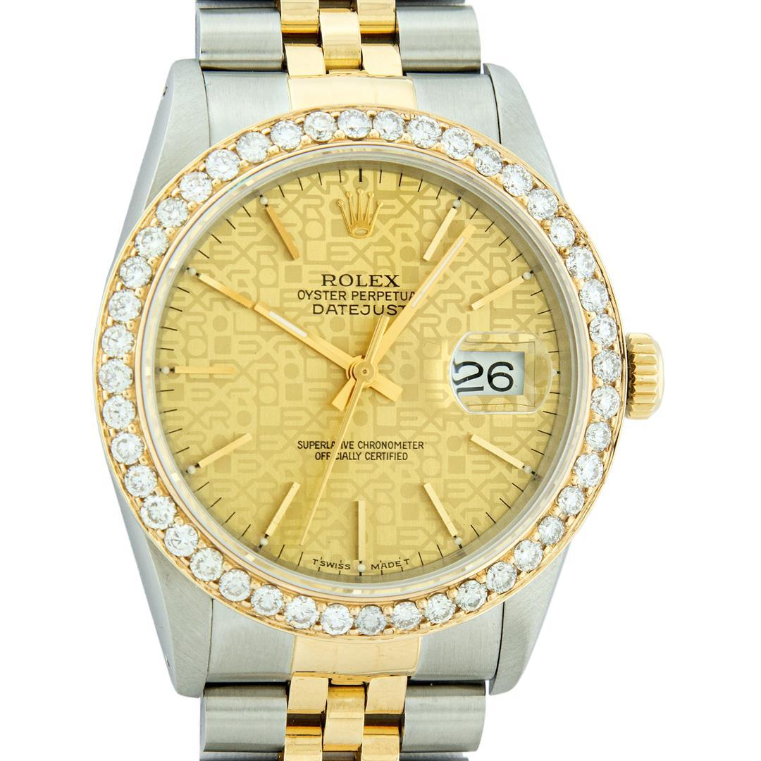 Rolex Mens 2 Tone 2.5CTW 18K Yellow Gold Diamond Bezel Champagne Jubilee Dial 36