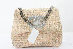 Chanel White Multicolor Fantasy-weave Shimmer Tweed Silver Logo Handbag