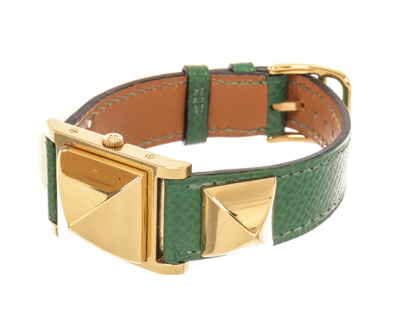 Hermes Green Gold Steel and Leather Medor PM Quartz Watch