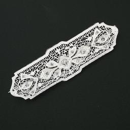 Antique Art Deco 14k White Gold 0.35 ctw Diamond Open Filigree Wide Bar Pin Broo