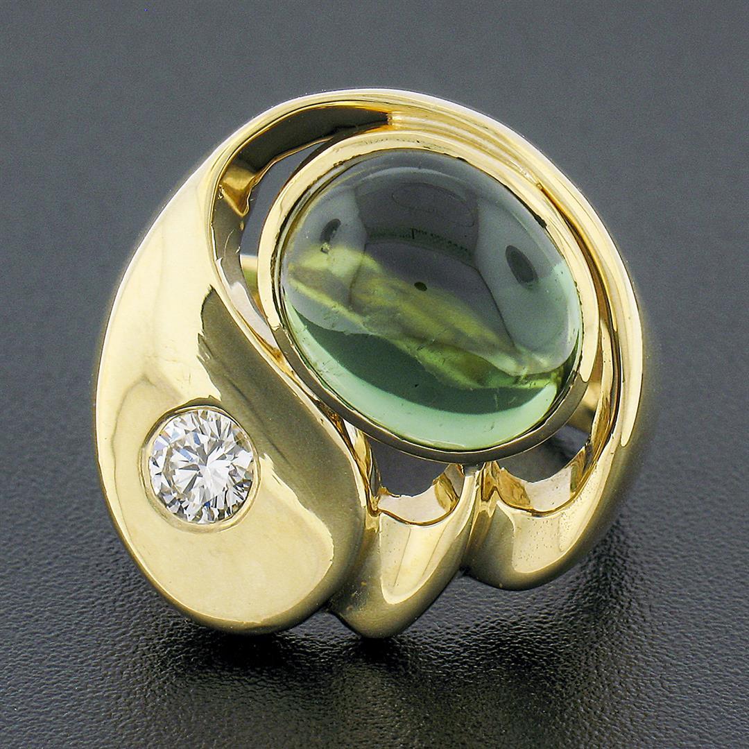 Large Modernist 18k Gold Oval Bezel Tourmaline & Diamond Polished Geometric Ring