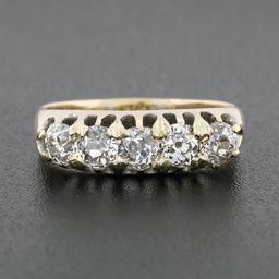 Antique Victorian 14k Rosy Yellow Gold 1.35 ctw 5 Old Mine Cut Diamond Band Ring