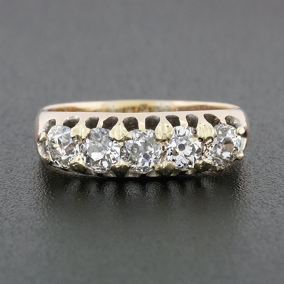 Antique Victorian 14k Rosy Yellow Gold 1.35 ctw 5 Old Mine Cut Diamond Band Ring