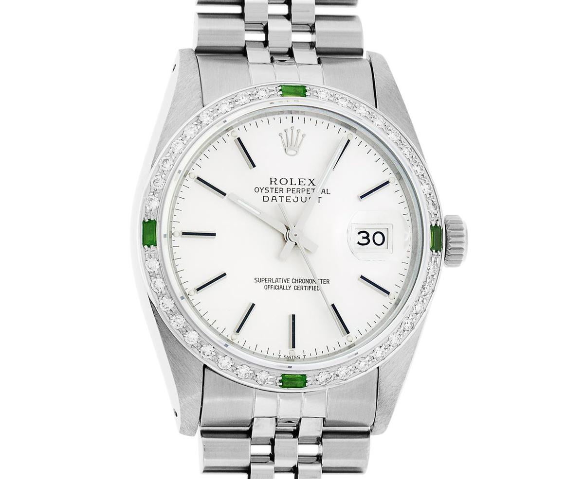 Rolex Mens Stainless Steel Silver Index 18K White Gold Diamond & Emerald Bezel 3