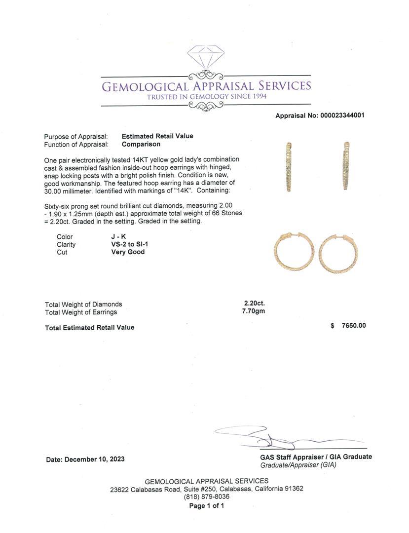 2.20 ctw Diamond Hoop Earrings - 14KT Yellow Gold