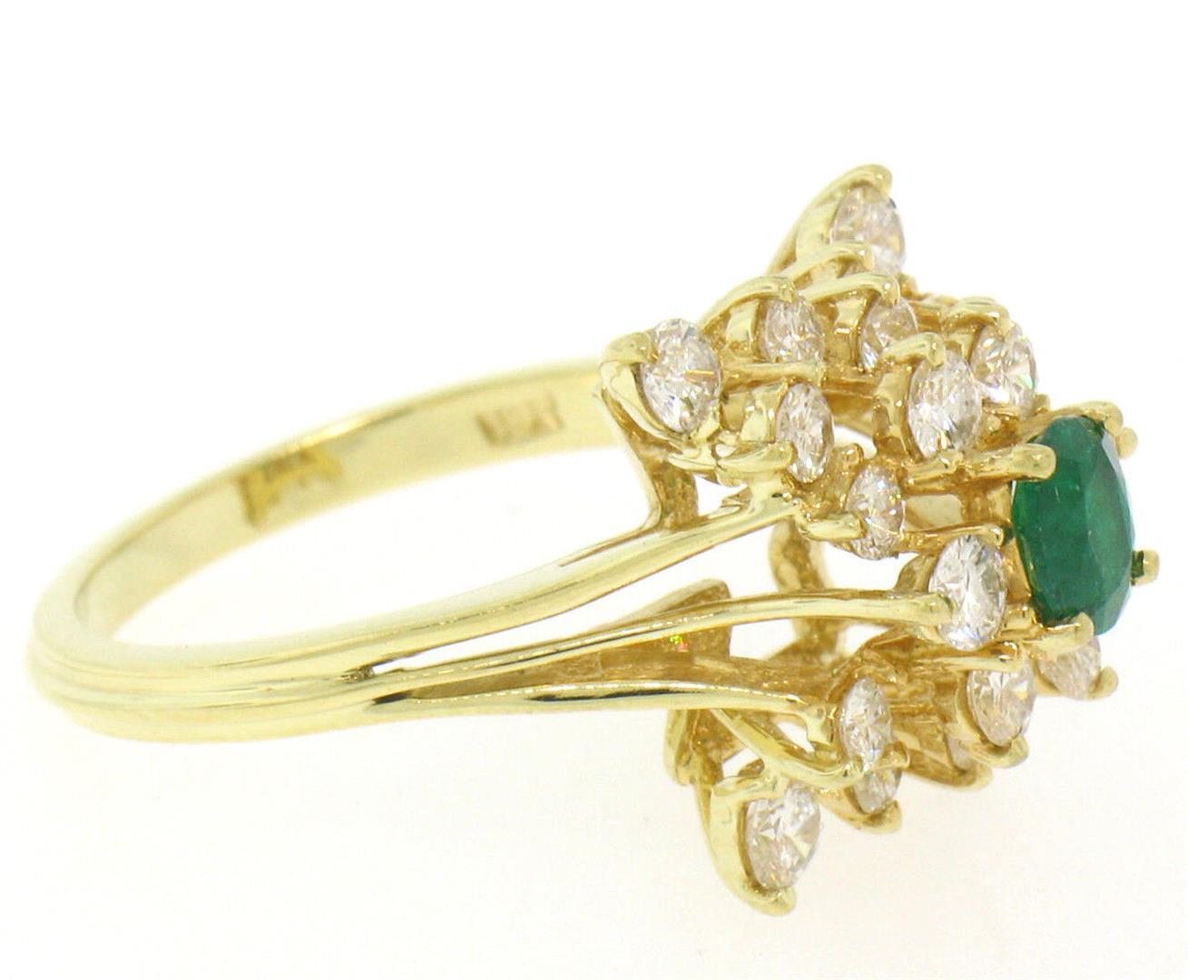 Estate 18k Yellow Gold 1.78 ctw Oval Emerald & Round Diamond Pyramid Cluster Rin