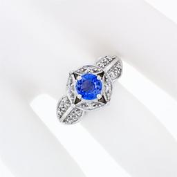 18k White Gold Brilliant Tanzanite Solitaire w/ Diamond Halo Star Flower Ring