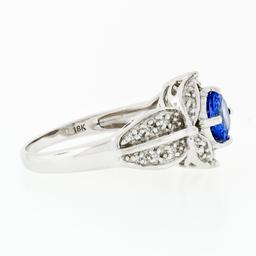 18k White Gold Brilliant Tanzanite Solitaire w/ Diamond Halo Star Flower Ring