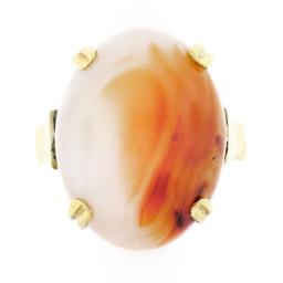 Antique 14k Gold Oval Cabochon Orange White Banded Agate Solitaire Cocktail Ring