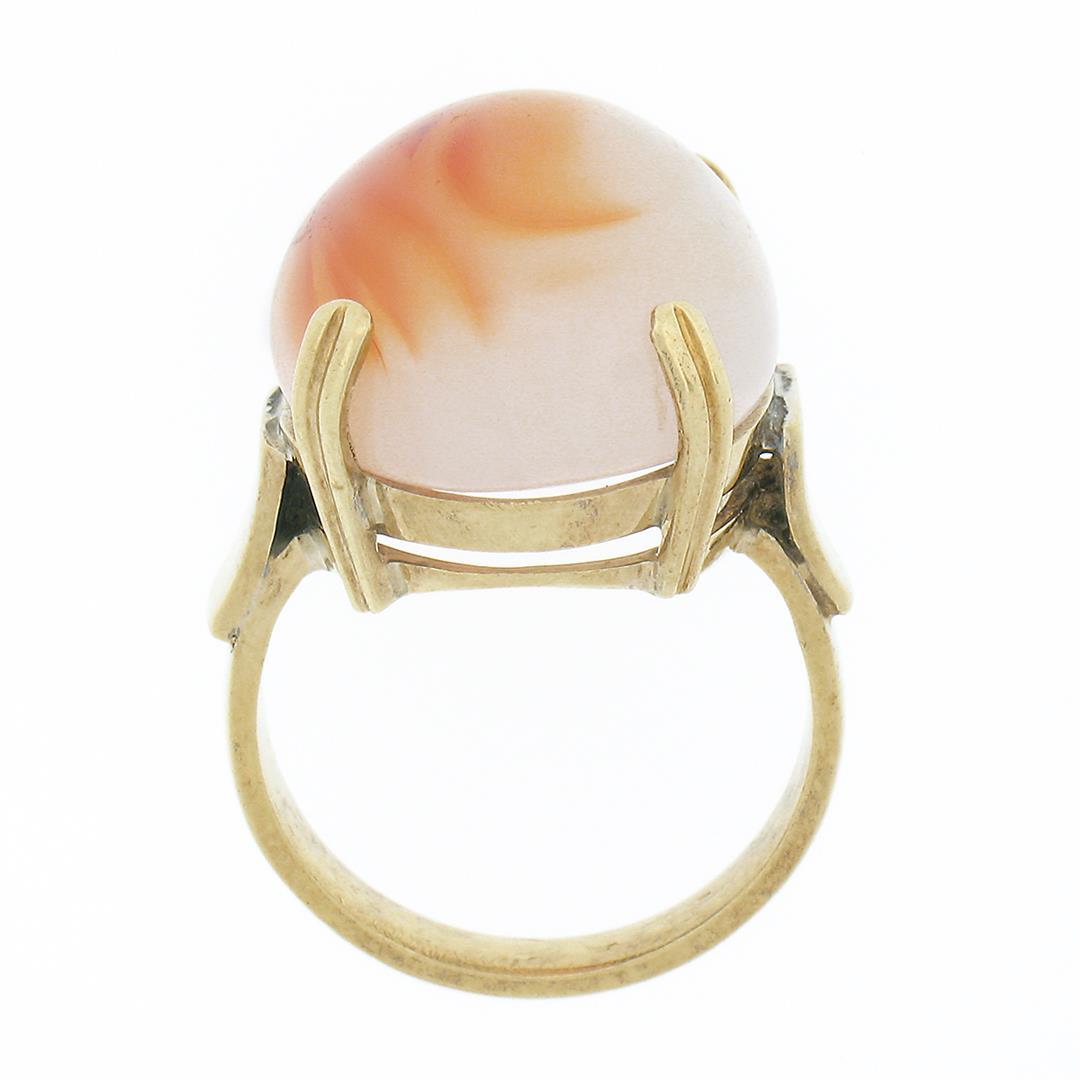 Antique 14k Gold Oval Cabochon Orange White Banded Agate Solitaire Cocktail Ring