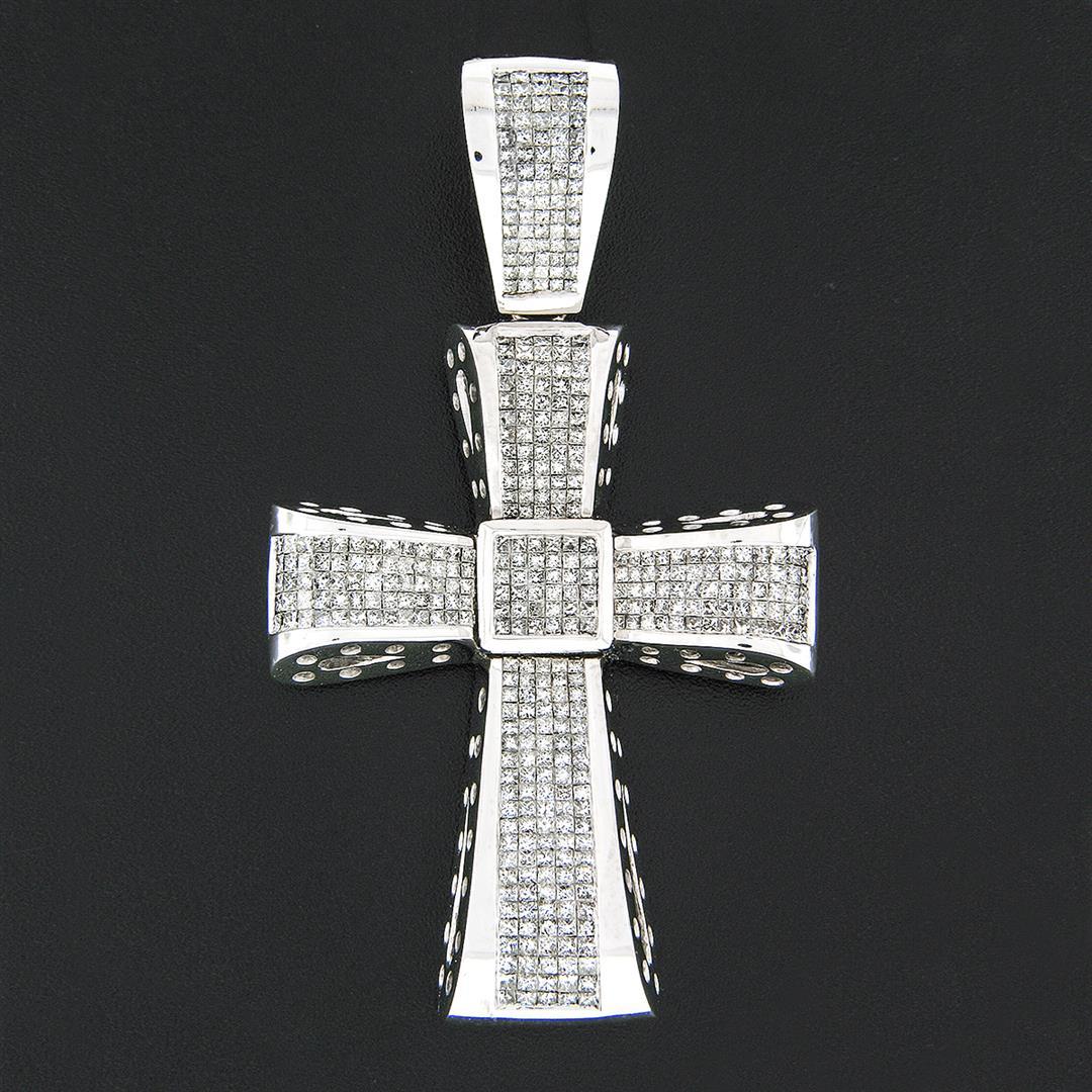 Men's Large 14k White Gold 11.28 ctw Invisible Set Princess Diamond Cross Pendan