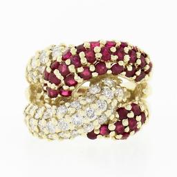 Fancy 14k Gold 2.65 ctw Round Diamond Ruby Puffed Interlocking Loop Wide Band Ri