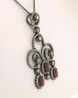 18k Black Gold 4.39 ctw Rose Diamond & Blood Ruby Edwardian Style Necklace Penda