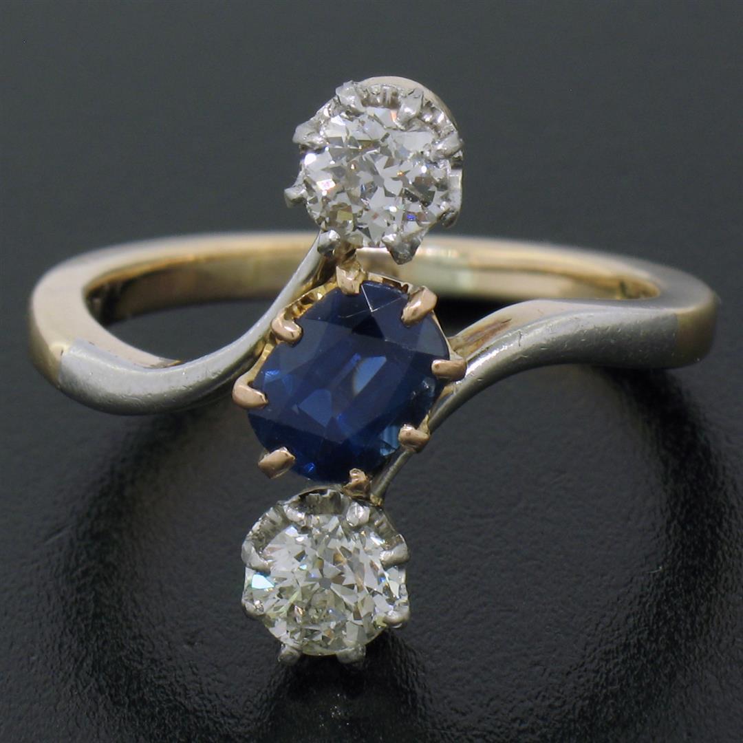 Antique Edwardian 14K Gold Platinum 1.61 ctw Mine Cut Diamond Sapphire Bypass Ri