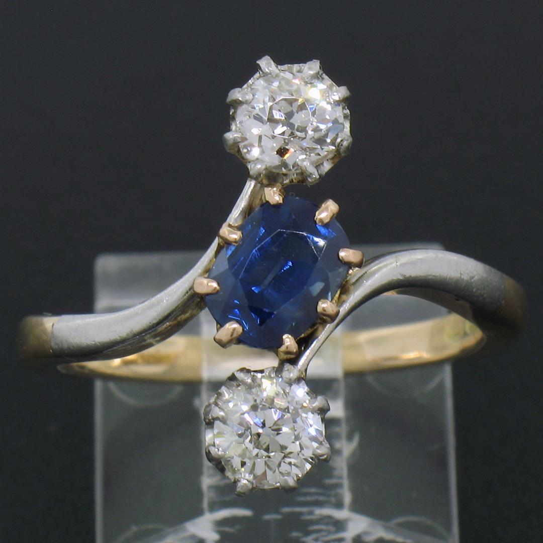 Antique Edwardian 14K Gold Platinum 1.61 ctw Mine Cut Diamond Sapphire Bypass Ri