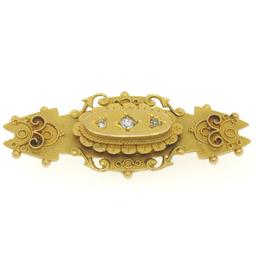 Antique Victorian 9k Yellow Gold Elongated Cartouche Brooch w/ 3 Old Cut Diamond