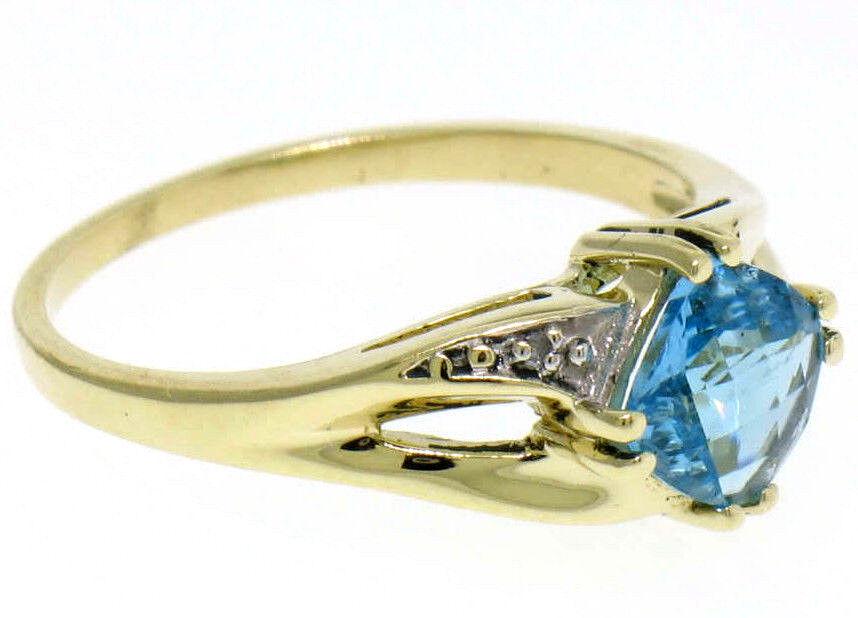 Solid 10k Yellow Gold Checkerboard Cushion Blue Topaz Ring w/ Diamond Accents