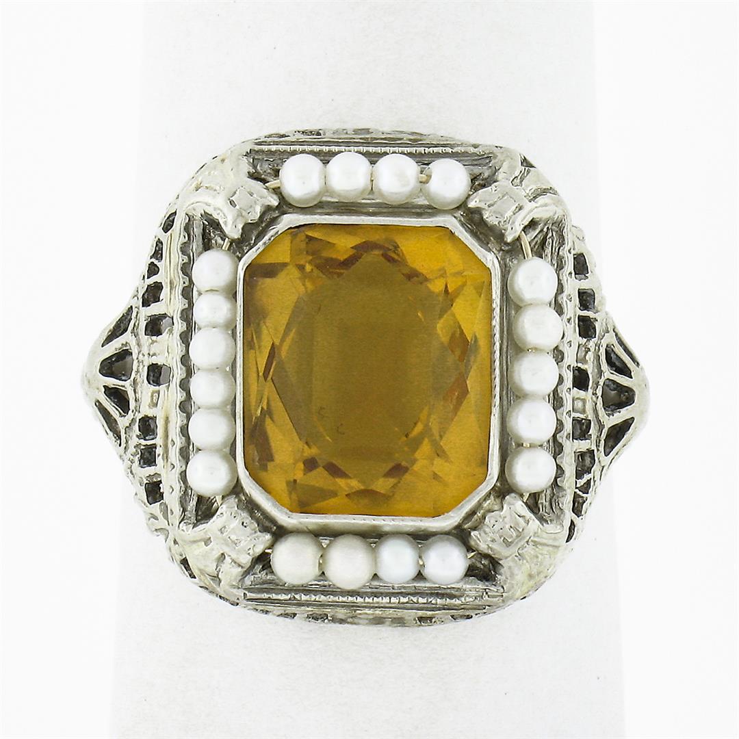 Antique 14K Gold Rectangular Bezel Citrine Seed Pearl Halo w/ Open Filigree Ring