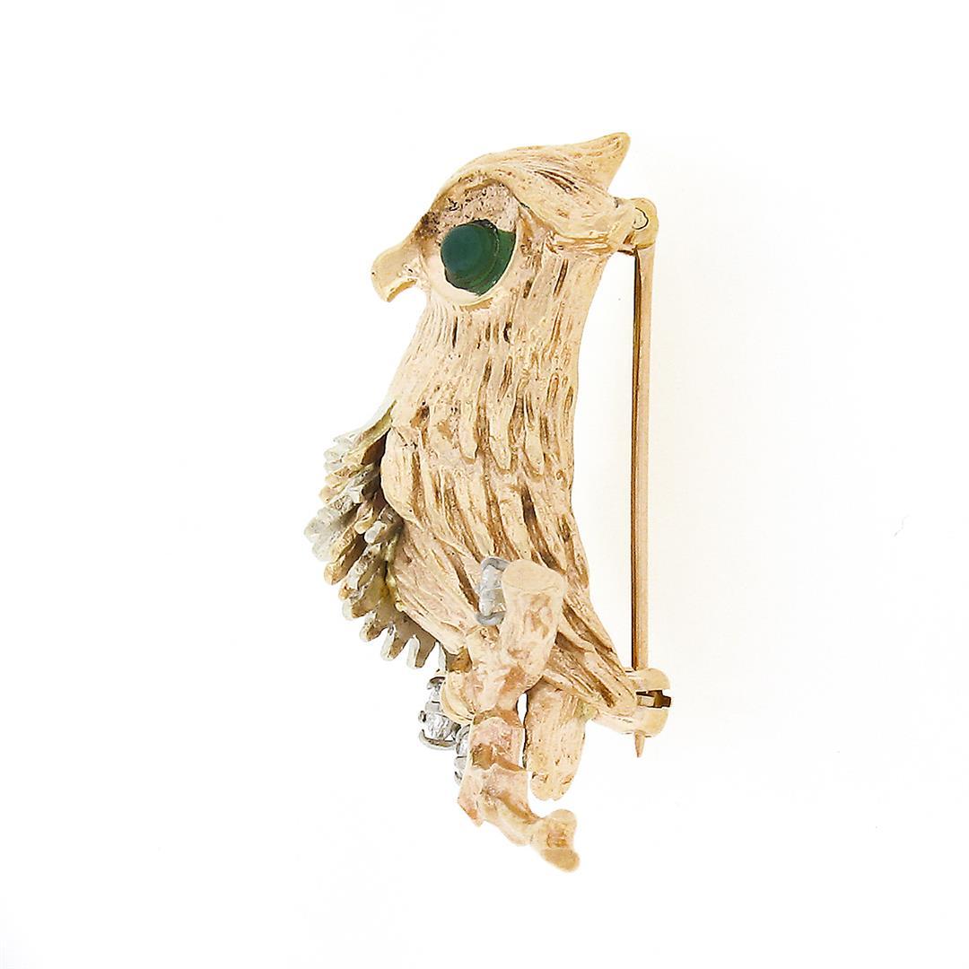 Vintage Detailed Textured 14K TT Gold Diamond & Chalcedony Owl on Branch Brooch