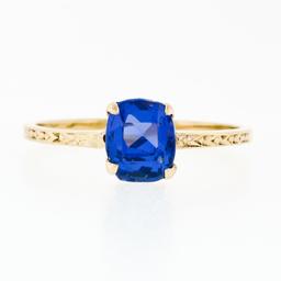 Antique 14k Gold GIA 1.95 ctw NO HEAT Cushion Blue Ceylon Sapphire Solitaire Rin