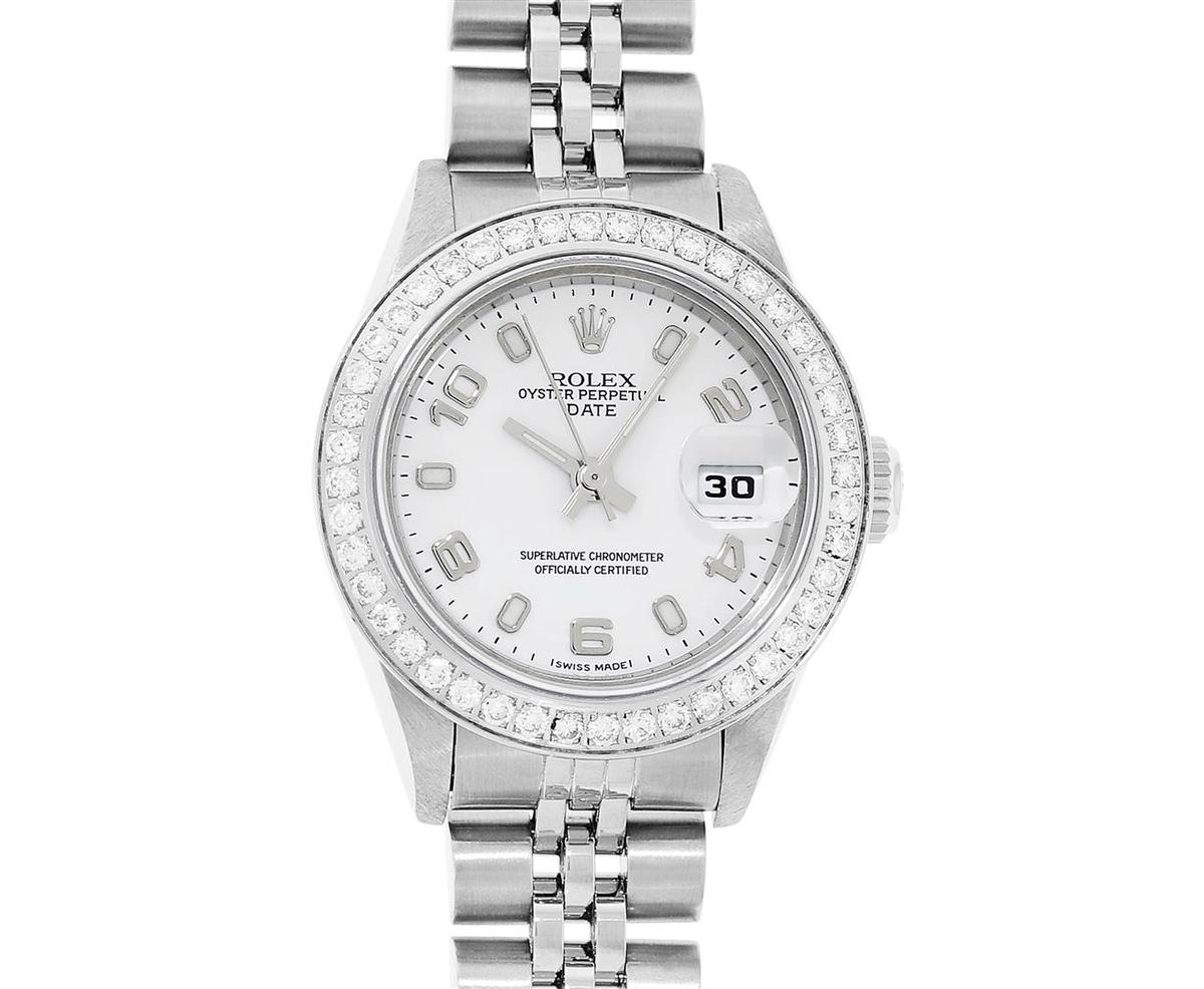 Rolex Ladies Quickset Stainless Steel White Arabic Dial Diamond Bezel Wristwatch