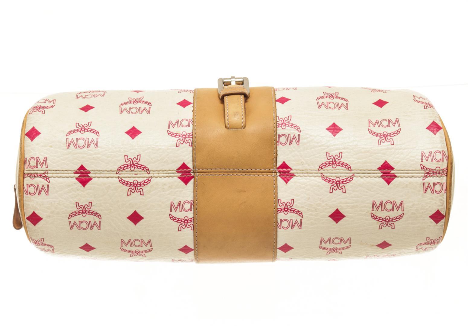 MCM Duffle Mini In White/Tan Coated Canvas Shoulder Bag