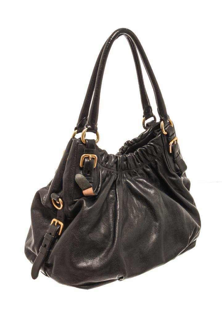 Prada Black Soft Calfskin Leather Gathered Shoulder Bag