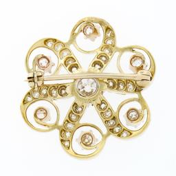 Antique Victorian 18k Gold 1.97 ctw Old European Diamond Swirl Flower Pin Brooch