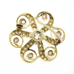 Antique Victorian 18k Gold 1.97 ctw Old European Diamond Swirl Flower Pin Brooch