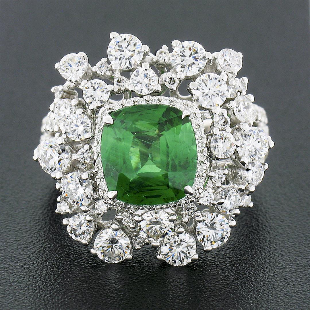 18k White Gold 5.67 ctw GIA Cushion Tsavorite & Diamond Cocktail Statement Ring