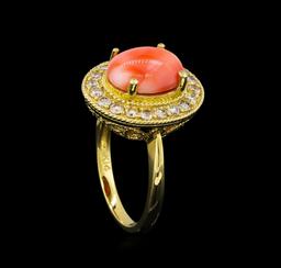 14KT Yellow Gold 3.16 ctw Coral and Diamond Ring