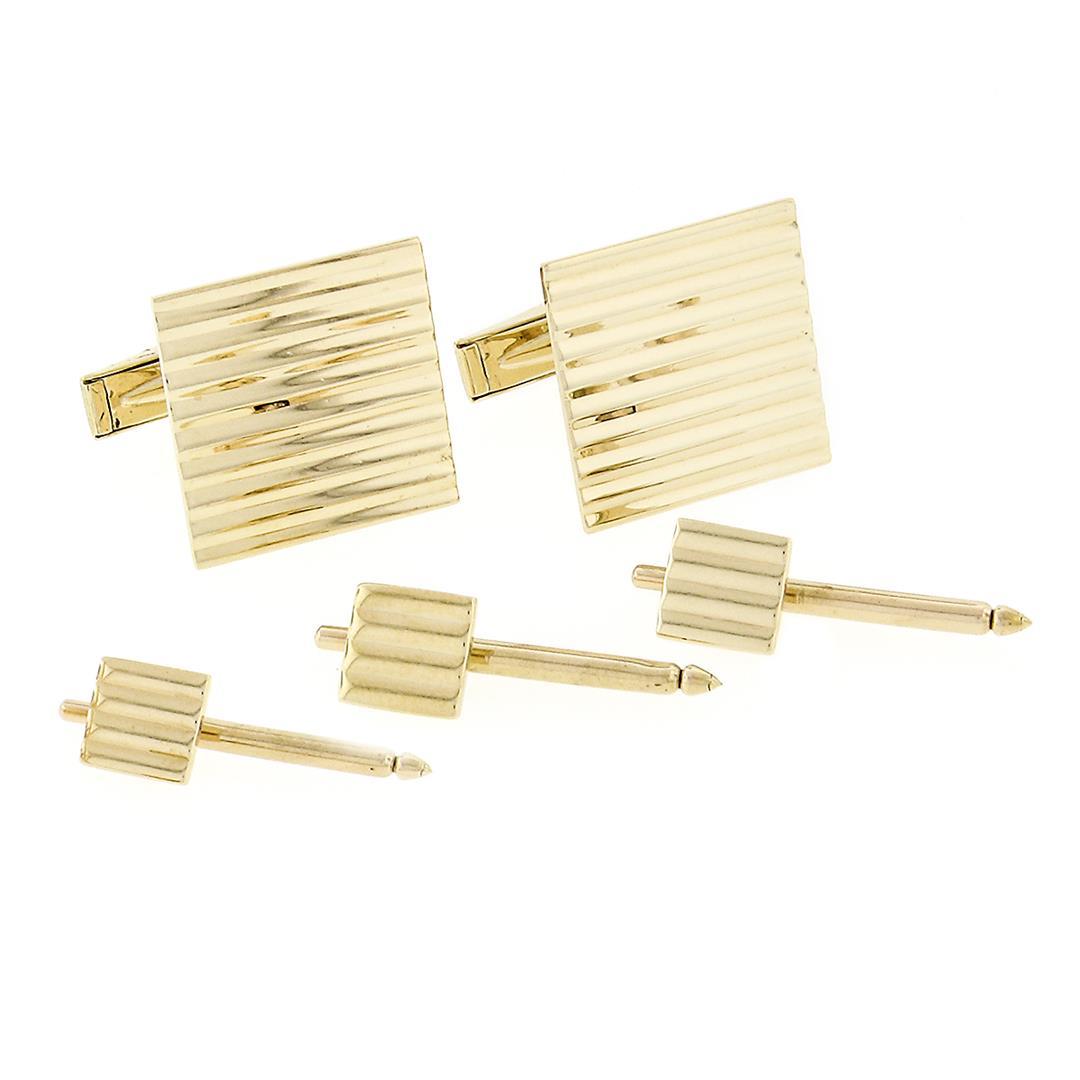 Men's Solid 14k Yellow Gold Grooved Pattern Square Cuff Link & 3 Button Stud Set