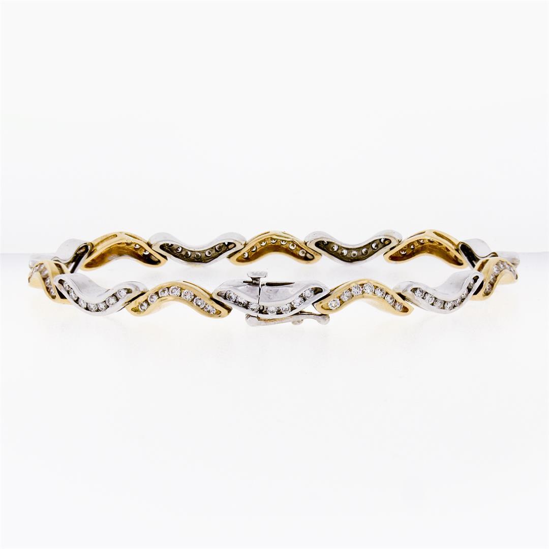 Solid 18K TT Gold 1.40 ctw Fine Round Brilliant Diamond Wavy Link Tennis Bracele