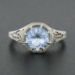 Vintage 14K White Gold 1.32 ctw Round Aquamarine Solitaire Open Filigree Work Ri