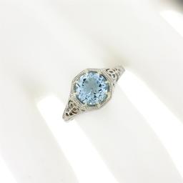 Vintage 14K White Gold 1.32 ctw Round Aquamarine Solitaire Open Filigree Work Ri