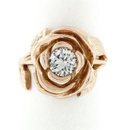 New Handmade 18k Pink Gold 0.72 ctw Round Diamond Rose Flower & Engraved Leaf Ri