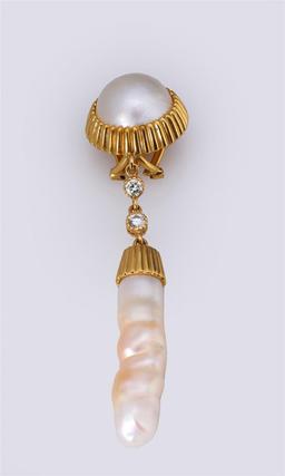 Pair 18K Yellow Gold Mabe & Baroque Pearl Earrings