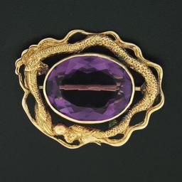 Antique Art Nouveau 14k Gold 13.13 ctw Oval Amethyst Detailed Dragon Frame Brooc